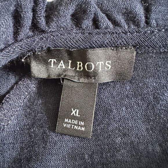Talbots Navy Blue Long Sleeve Blouse Ruffle Neck Keyhole Back XL Classic Core - Picture 4 of 8